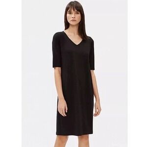 Eileen Fisher V Neck Elbow Sleeve‎ Jersey Dress Black Size XS Minimalist
